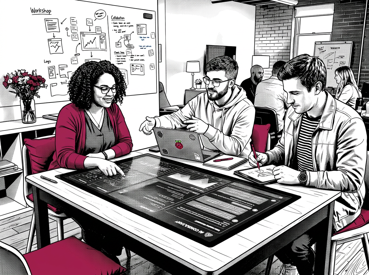 Three coworkers using a digital interactive table with charts and graphs for discussion